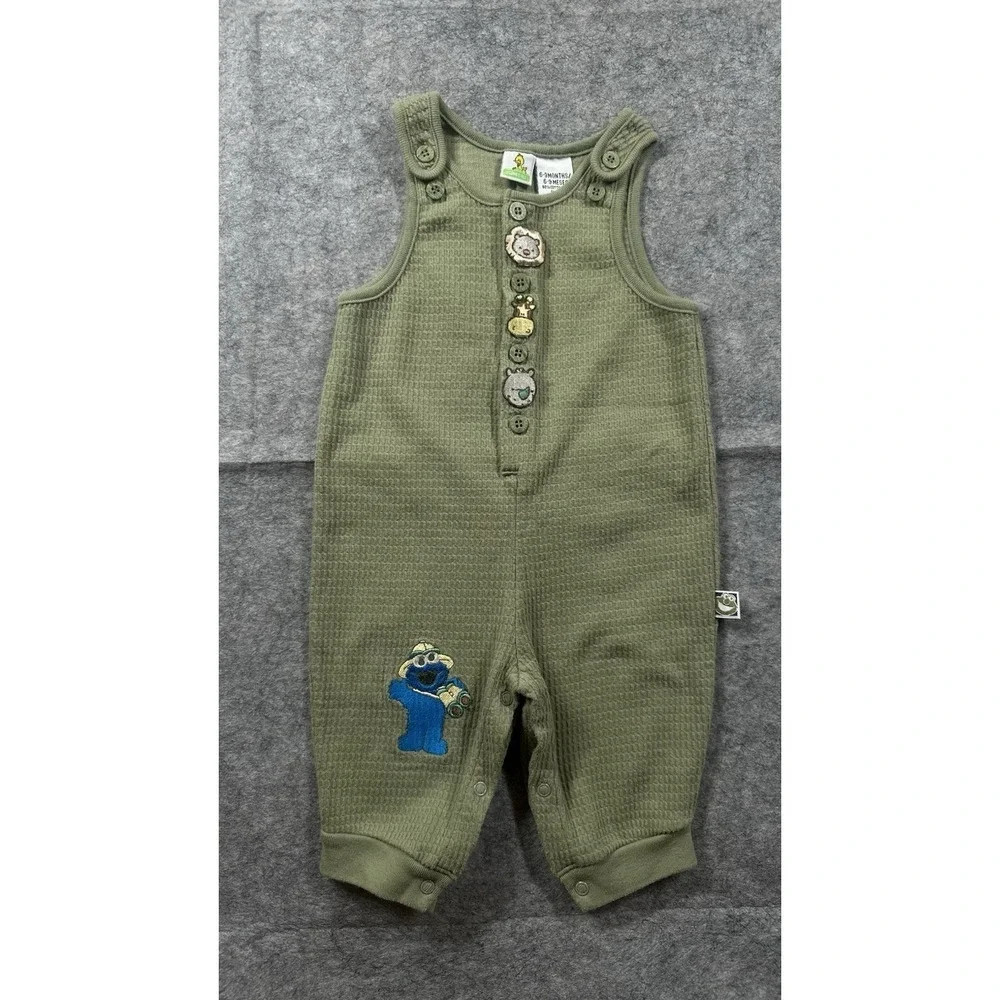 VTG Sesame Street Safari Overalls 6-9M Green Embroidered Cookie Monster Henson